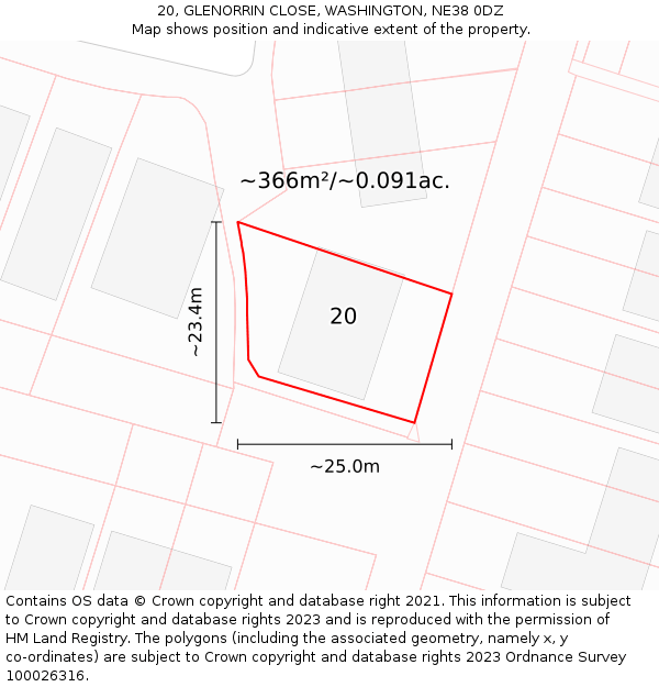 20, GLENORRIN CLOSE, WASHINGTON, NE38 0DZ: Plot and title map