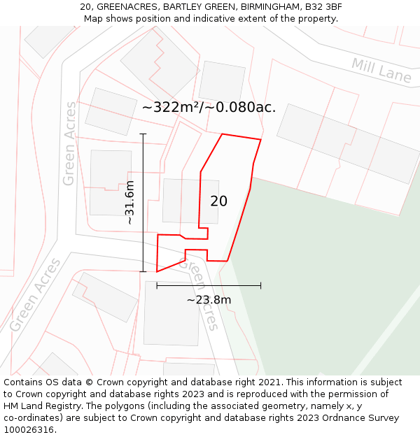 20, GREENACRES, BARTLEY GREEN, BIRMINGHAM, B32 3BF: Plot and title map