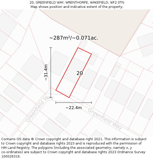 20, GREENFIELD WAY, WRENTHORPE, WAKEFIELD, WF2 0TN: Plot and title map