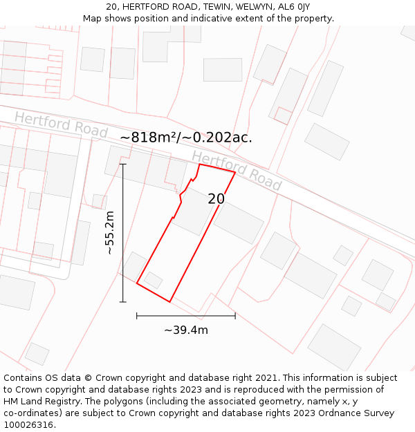 20, HERTFORD ROAD, TEWIN, WELWYN, AL6 0JY: Plot and title map