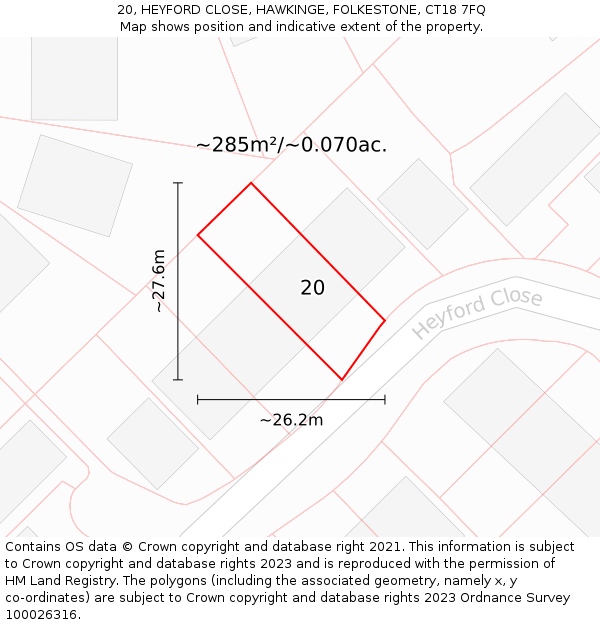 20, HEYFORD CLOSE, HAWKINGE, FOLKESTONE, CT18 7FQ: Plot and title map