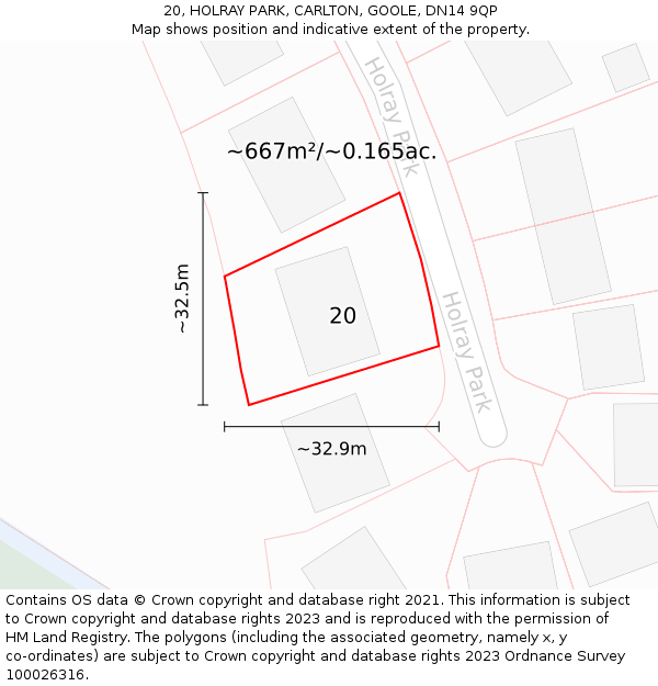 20, HOLRAY PARK, CARLTON, GOOLE, DN14 9QP: Plot and title map