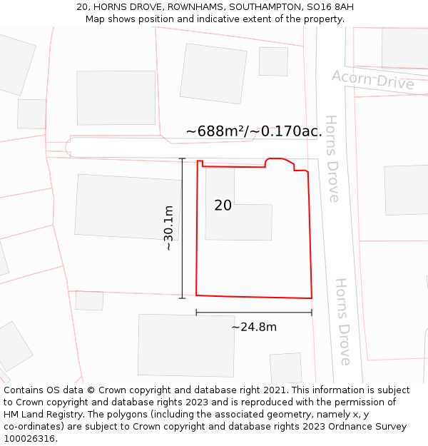 20, HORNS DROVE, ROWNHAMS, SOUTHAMPTON, SO16 8AH: Plot and title map