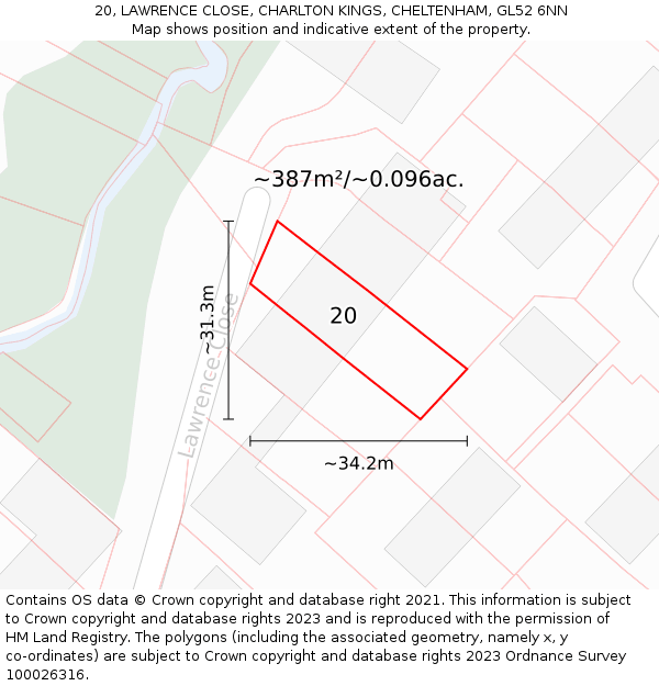 20, LAWRENCE CLOSE, CHARLTON KINGS, CHELTENHAM, GL52 6NN: Plot and title map