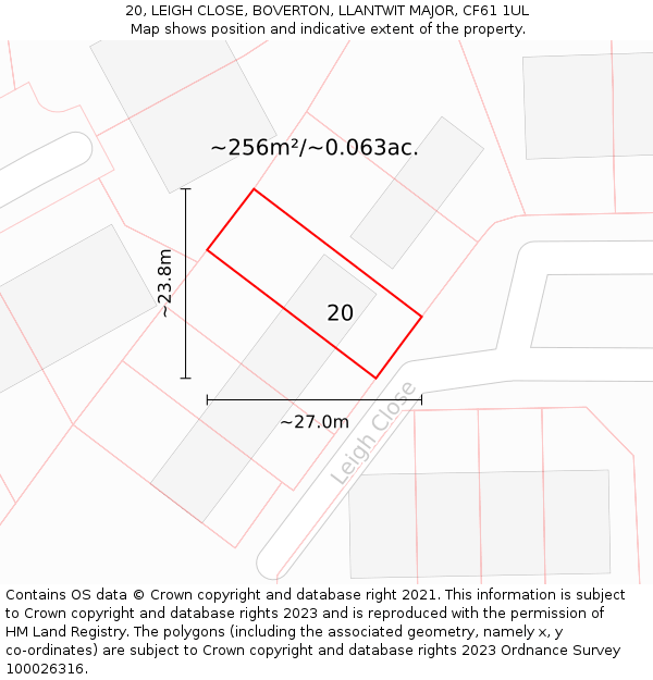 20, LEIGH CLOSE, BOVERTON, LLANTWIT MAJOR, CF61 1UL: Plot and title map