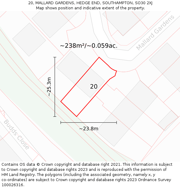 20, MALLARD GARDENS, HEDGE END, SOUTHAMPTON, SO30 2XJ: Plot and title map