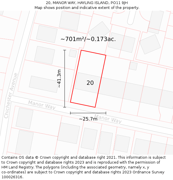 20, MANOR WAY, HAYLING ISLAND, PO11 9JH: Plot and title map