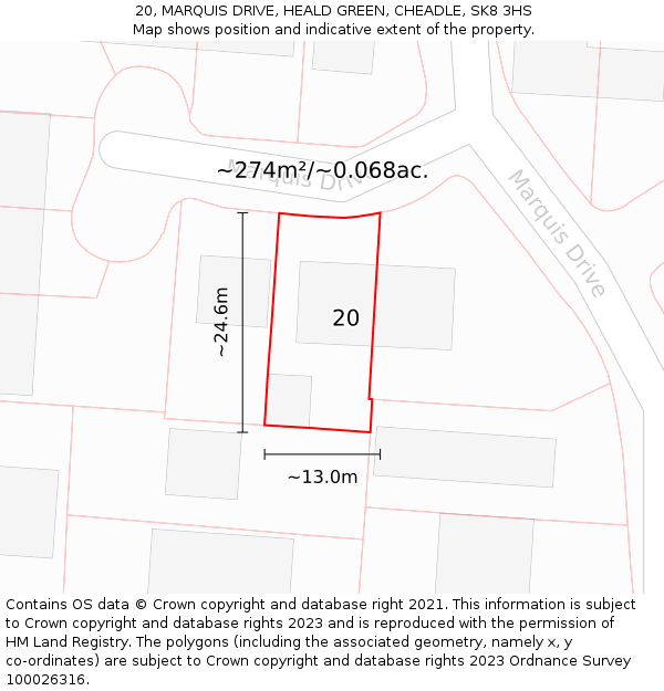 20, MARQUIS DRIVE, HEALD GREEN, CHEADLE, SK8 3HS: Plot and title map