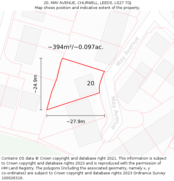 20, MAY AVENUE, CHURWELL, LEEDS, LS27 7GJ: Plot and title map