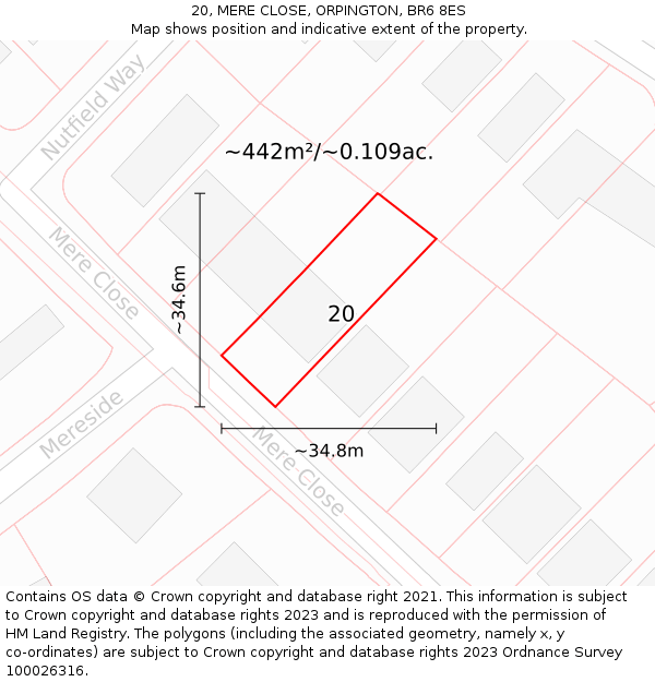 20, MERE CLOSE, ORPINGTON, BR6 8ES: Plot and title map