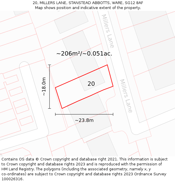 20, MILLERS LANE, STANSTEAD ABBOTTS, WARE, SG12 8AF: Plot and title map