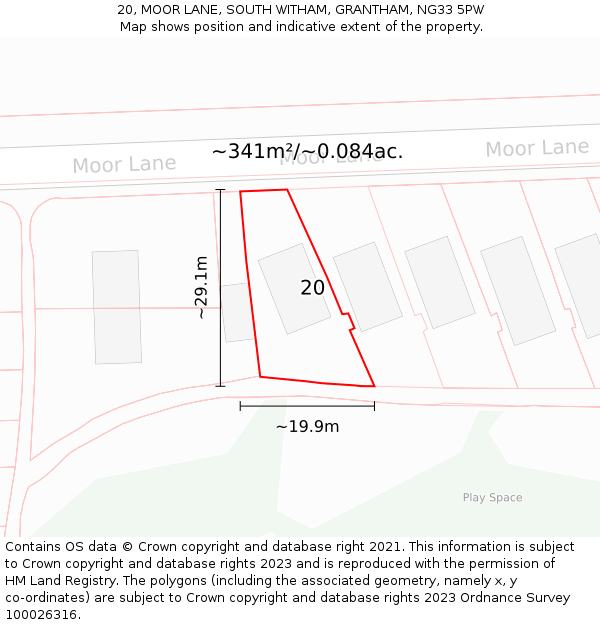 20, MOOR LANE, SOUTH WITHAM, GRANTHAM, NG33 5PW: Plot and title map