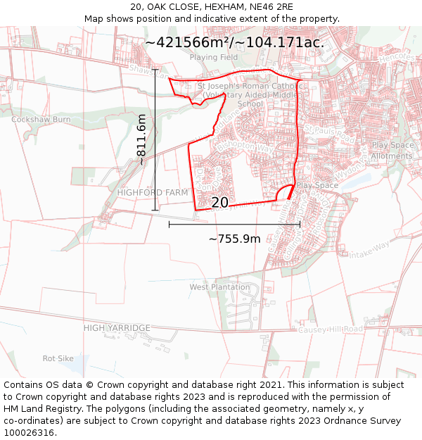 20, OAK CLOSE, HEXHAM, NE46 2RE: Plot and title map