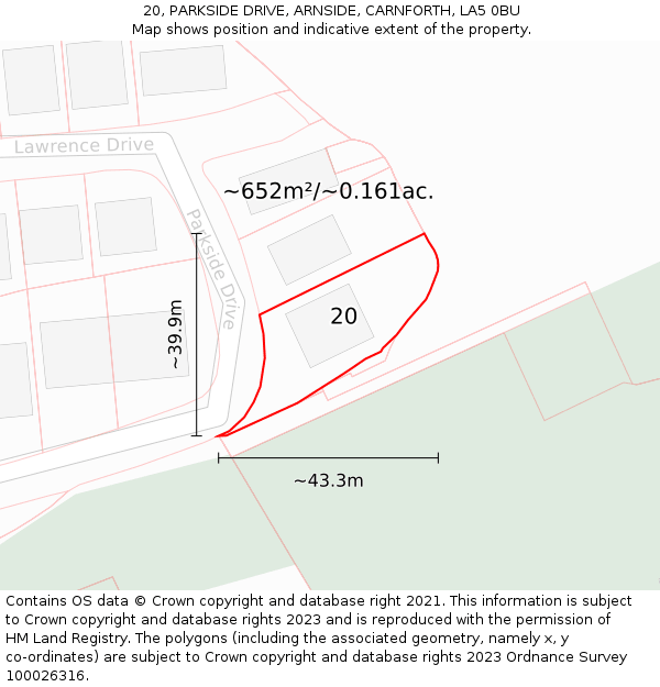 20, PARKSIDE DRIVE, ARNSIDE, CARNFORTH, LA5 0BU: Plot and title map