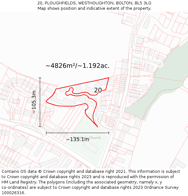 20, PLOUGHFIELDS, WESTHOUGHTON, BOLTON, BL5 3LG: Plot and title map