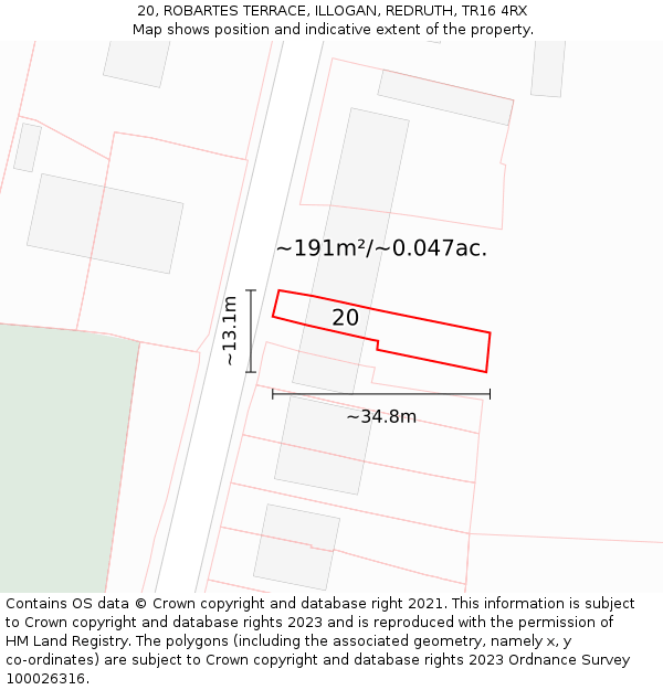 20, ROBARTES TERRACE, ILLOGAN, REDRUTH, TR16 4RX: Plot and title map