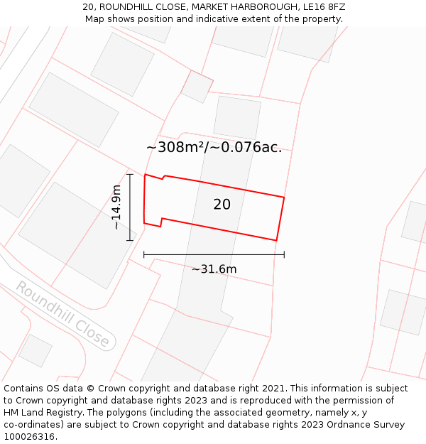 20, ROUNDHILL CLOSE, MARKET HARBOROUGH, LE16 8FZ: Plot and title map