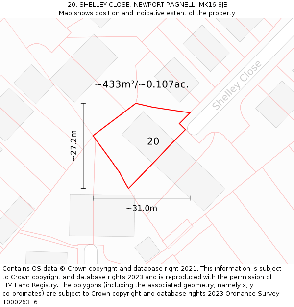 20, SHELLEY CLOSE, NEWPORT PAGNELL, MK16 8JB: Plot and title map