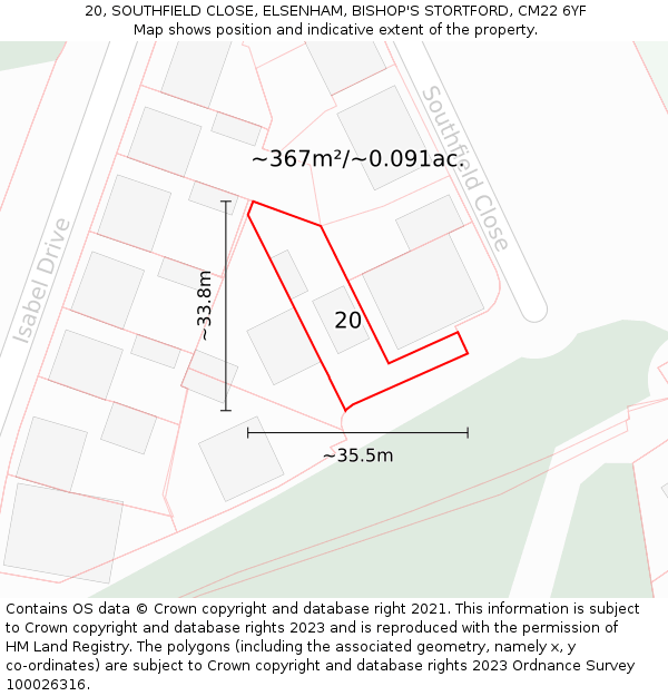 20, SOUTHFIELD CLOSE, ELSENHAM, BISHOP'S STORTFORD, CM22 6YF: Plot and title map