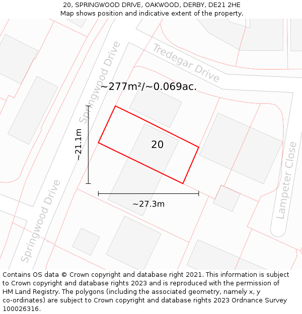 20, SPRINGWOOD DRIVE, OAKWOOD, DERBY, DE21 2HE: Plot and title map