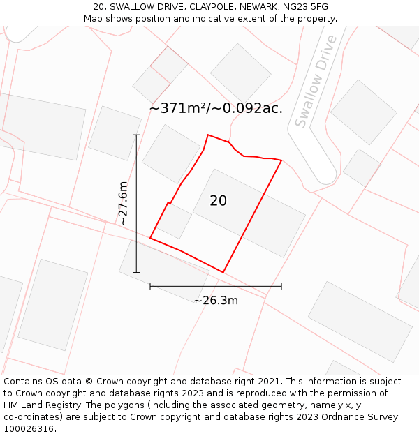 20, SWALLOW DRIVE, CLAYPOLE, NEWARK, NG23 5FG: Plot and title map