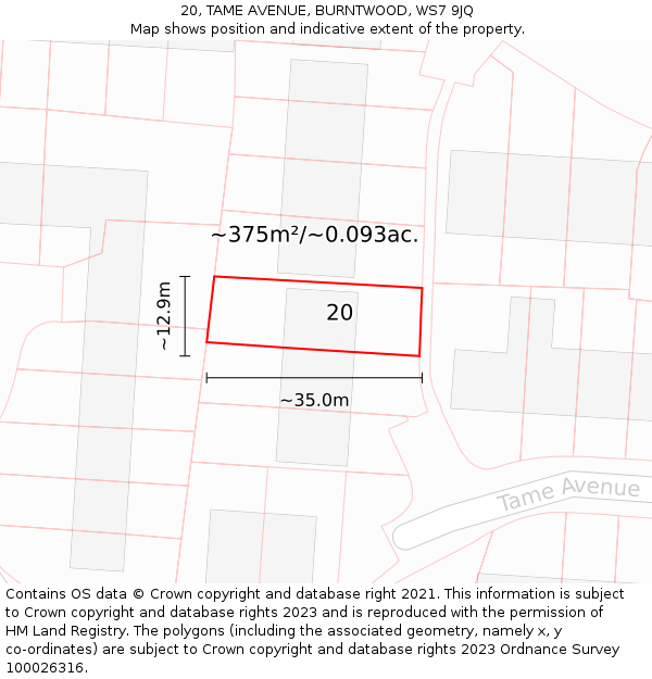 20, TAME AVENUE, BURNTWOOD, WS7 9JQ: Plot and title map