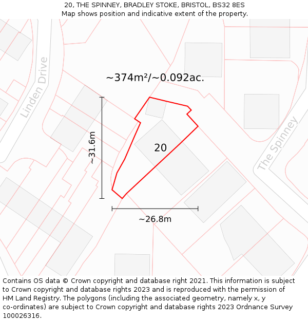 20, THE SPINNEY, BRADLEY STOKE, BRISTOL, BS32 8ES: Plot and title map