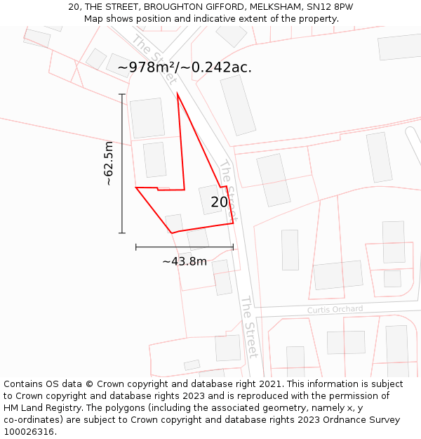 20, THE STREET, BROUGHTON GIFFORD, MELKSHAM, SN12 8PW: Plot and title map