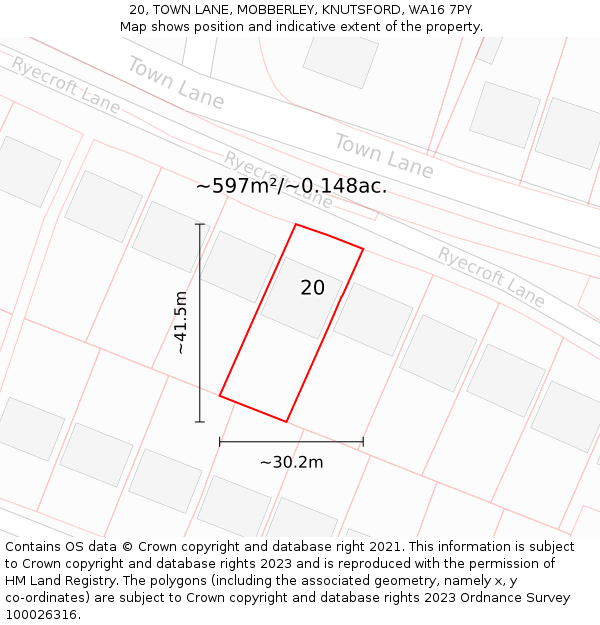 20, TOWN LANE, MOBBERLEY, KNUTSFORD, WA16 7PY: Plot and title map