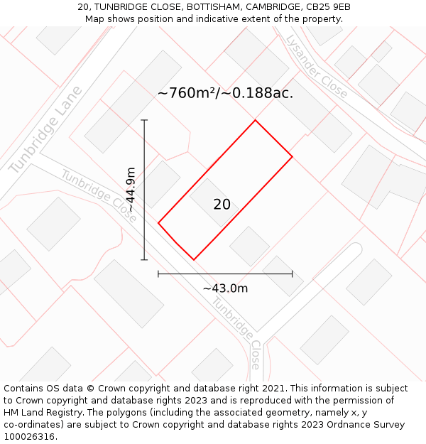 20, TUNBRIDGE CLOSE, BOTTISHAM, CAMBRIDGE, CB25 9EB: Plot and title map