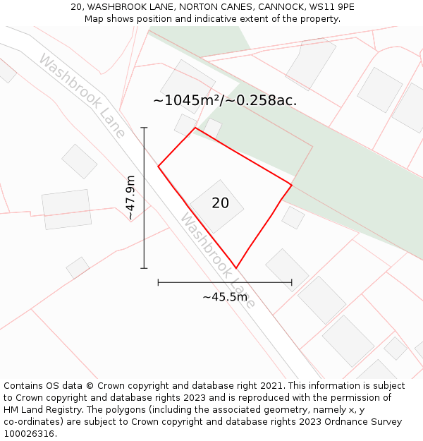 20, WASHBROOK LANE, NORTON CANES, CANNOCK, WS11 9PE: Plot and title map