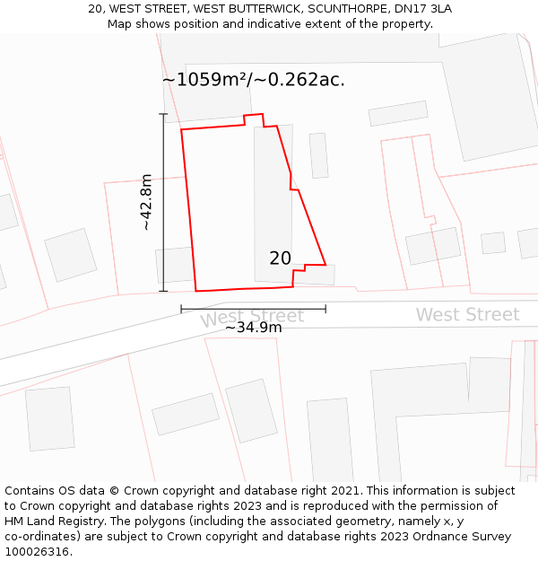 20, WEST STREET, WEST BUTTERWICK, SCUNTHORPE, DN17 3LA: Plot and title map