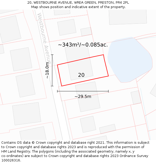 20, WESTBOURNE AVENUE, WREA GREEN, PRESTON, PR4 2PL: Plot and title map