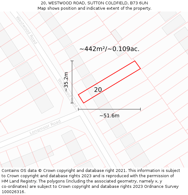 20, WESTWOOD ROAD, SUTTON COLDFIELD, B73 6UN: Plot and title map