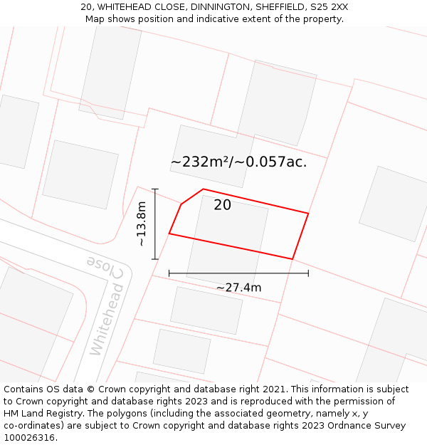 20, WHITEHEAD CLOSE, DINNINGTON, SHEFFIELD, S25 2XX: Plot and title map