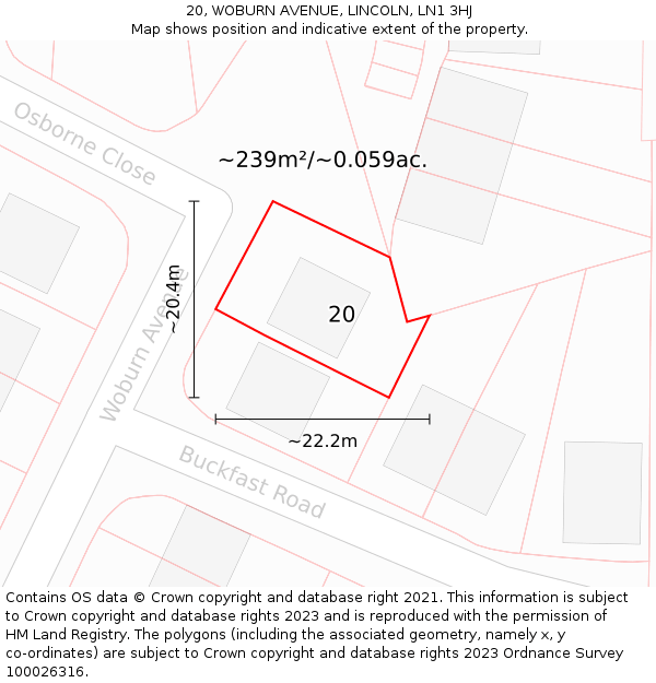 20, WOBURN AVENUE, LINCOLN, LN1 3HJ: Plot and title map