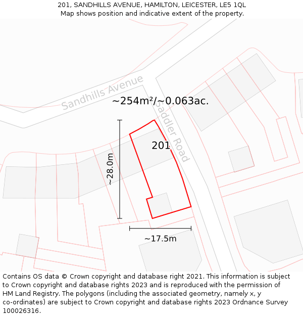 201, SANDHILLS AVENUE, HAMILTON, LEICESTER, LE5 1QL: Plot and title map