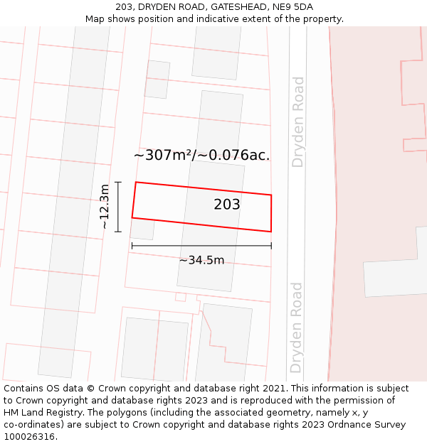 203, DRYDEN ROAD, GATESHEAD, NE9 5DA: Plot and title map