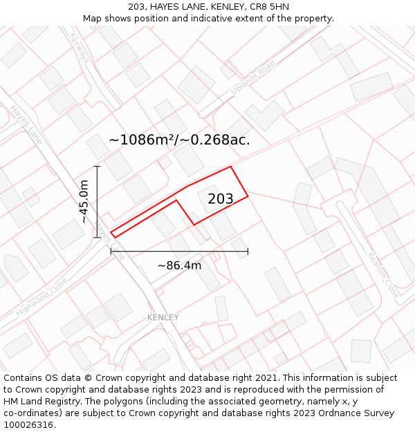 203, HAYES LANE, KENLEY, CR8 5HN: Plot and title map