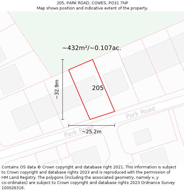 205, PARK ROAD, COWES, PO31 7NP: Plot and title map