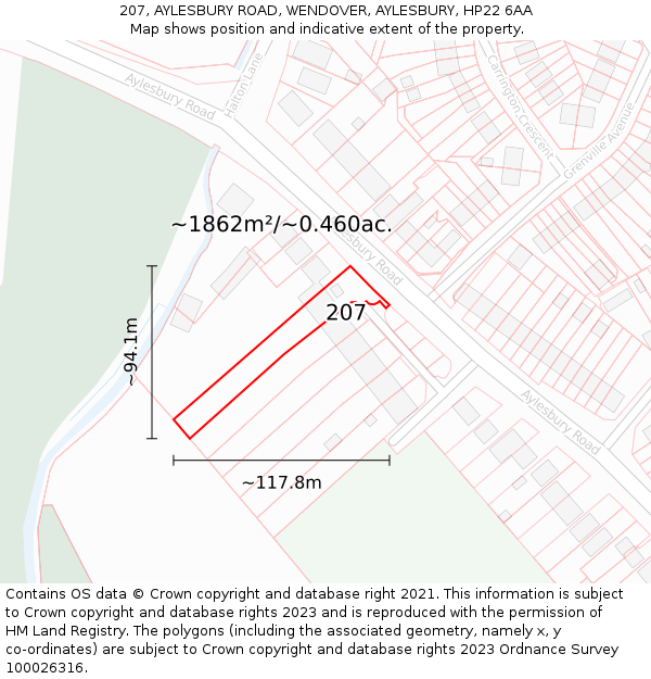 207, AYLESBURY ROAD, WENDOVER, AYLESBURY, HP22 6AA: Plot and title map