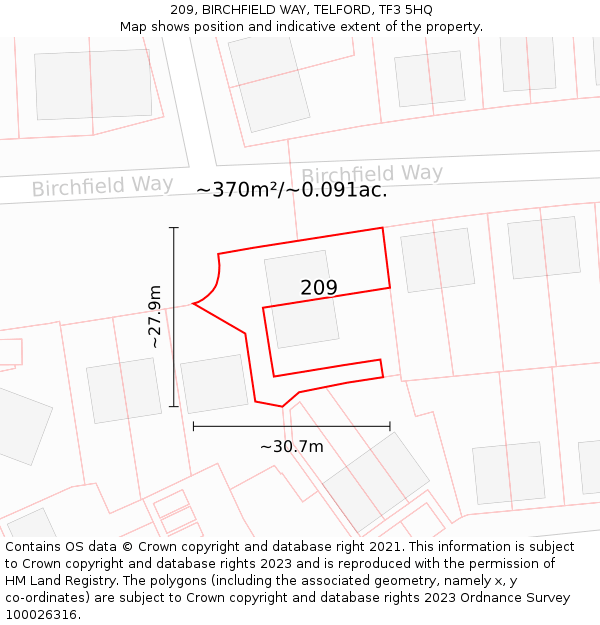 209, BIRCHFIELD WAY, TELFORD, TF3 5HQ: Plot and title map