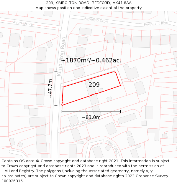 209, KIMBOLTON ROAD, BEDFORD, MK41 8AA: Plot and title map