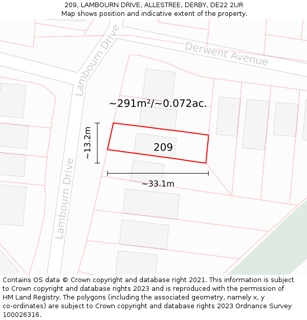 209, LAMBOURN DRIVE, ALLESTREE, DERBY, DE22 2UR: Plot and title map