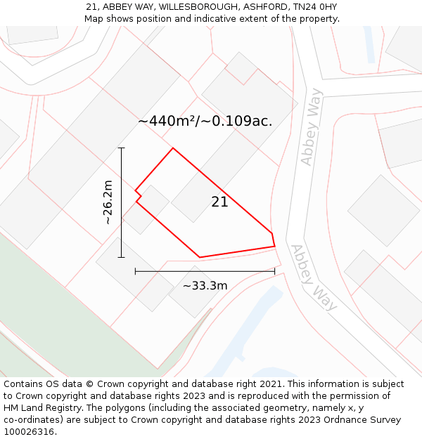 21, ABBEY WAY, WILLESBOROUGH, ASHFORD, TN24 0HY: Plot and title map