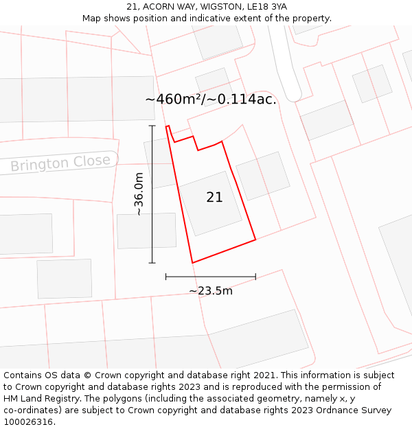 21, ACORN WAY, WIGSTON, LE18 3YA: Plot and title map