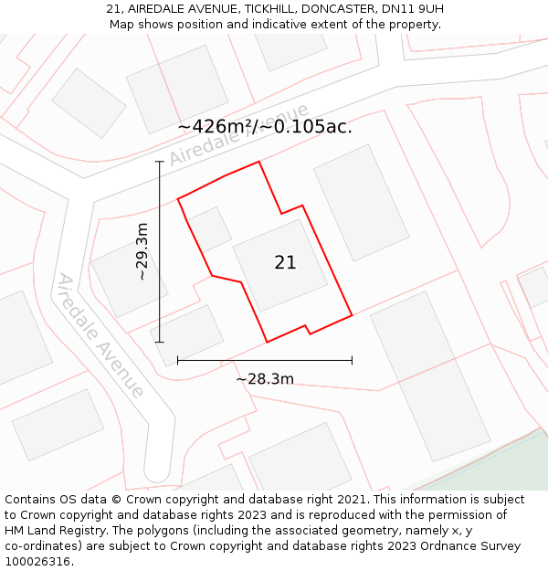 21, AIREDALE AVENUE, TICKHILL, DONCASTER, DN11 9UH: Plot and title map