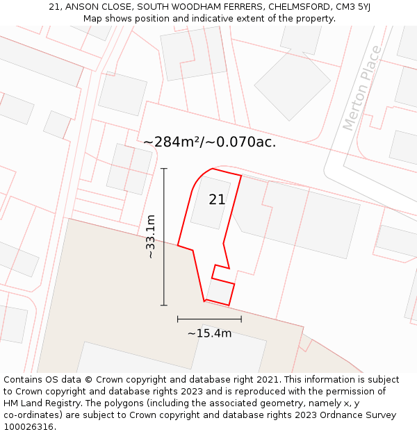 21, ANSON CLOSE, SOUTH WOODHAM FERRERS, CHELMSFORD, CM3 5YJ: Plot and title map