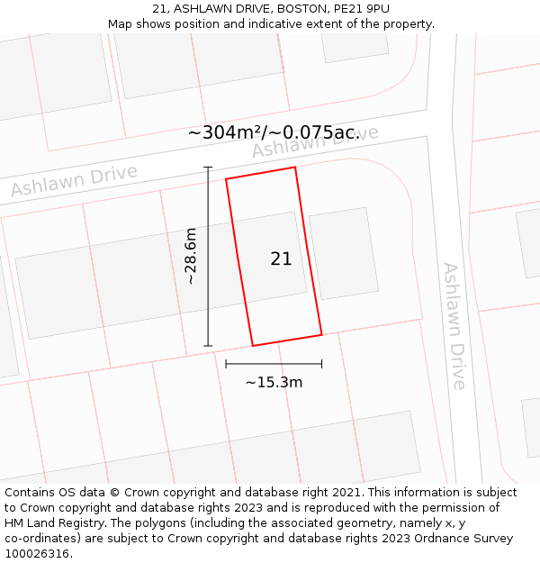 21, ASHLAWN DRIVE, BOSTON, PE21 9PU: Plot and title map