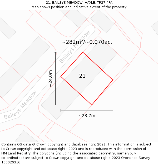 21, BAILEYS MEADOW, HAYLE, TR27 4FA: Plot and title map